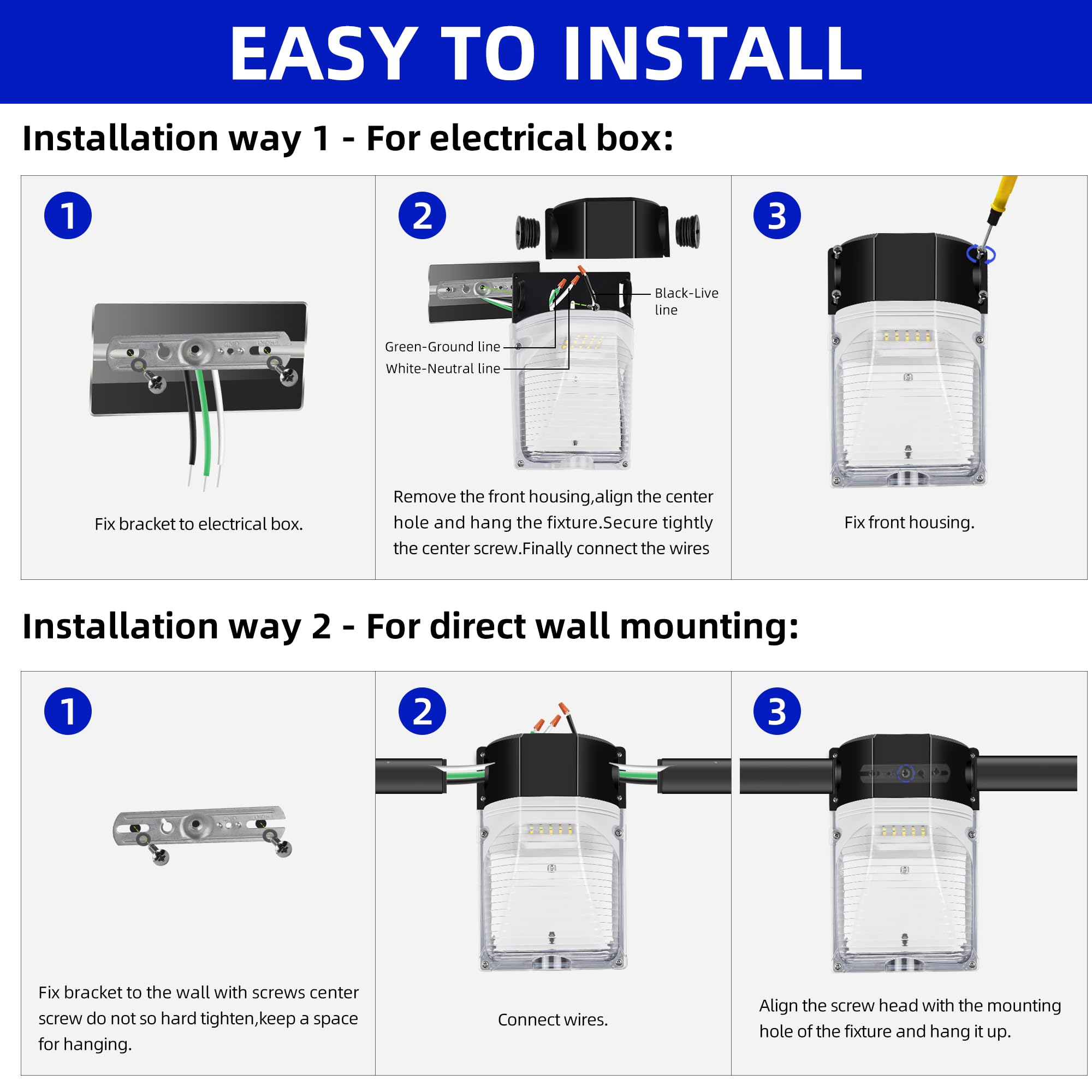 hykolity wall pack easy install on 6-8 ft mounting height