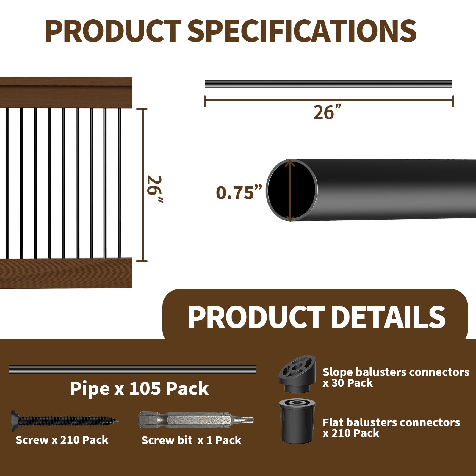 Hypergiant deck balusters with connectors and screws for quick assembly