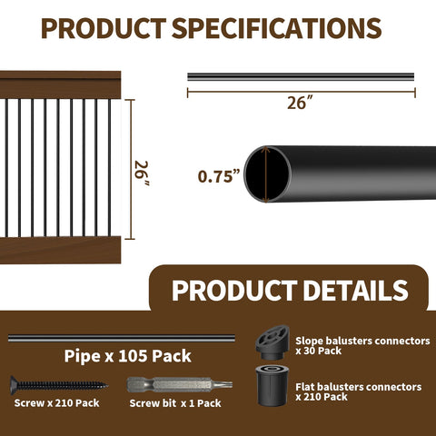Hypergiant deck balusters with connectors and screws for quick assembly