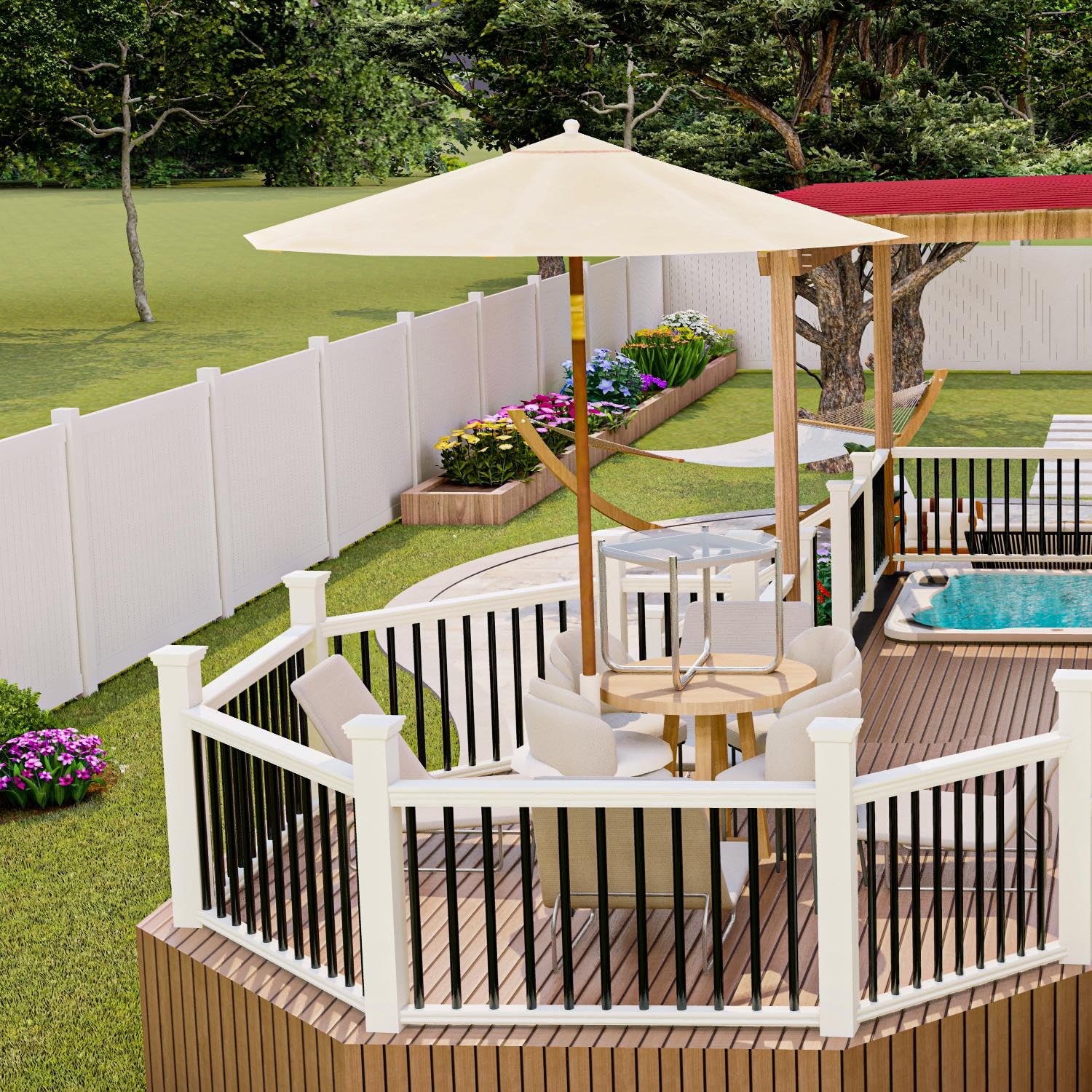 Hypergiant versatile deck railing components for multiple spaces