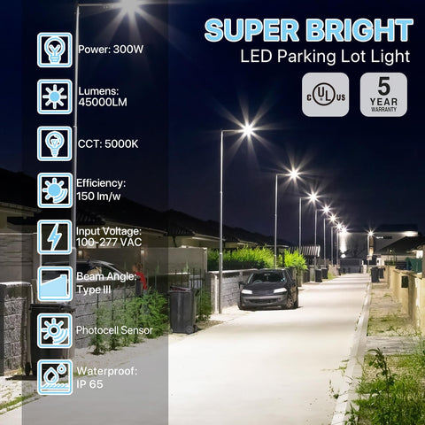 HYPERLITE 300W LED parking lot light side view shows wide coverage and durable construction