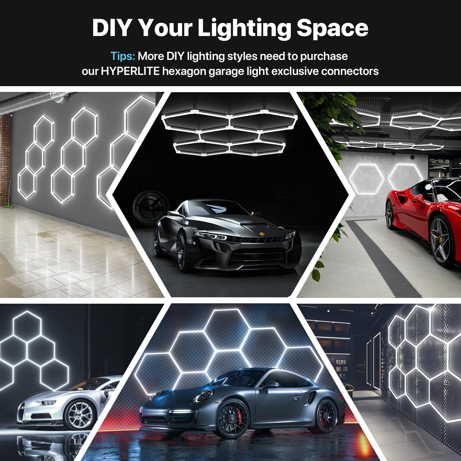 Hyperlite Gen 2 hexagon grid-assembly for flexible DIY workshop lighting.