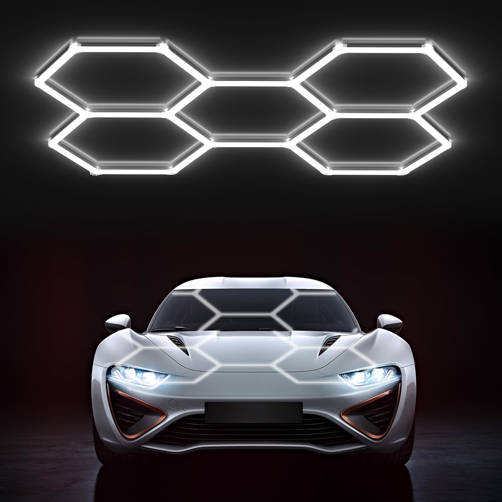 Hyperlite Gen 2 hexagon light packaged for quick garage setup and bright, even coverage.