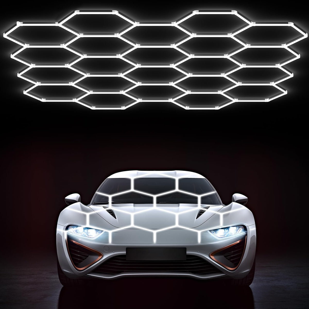 HYPERLITE Gen 2 hexagon light panel closeup for bright, even garage illumination.