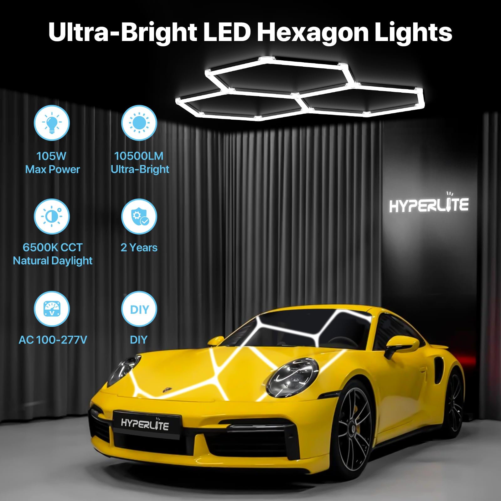 Three-grid layout demonstrates even illumination across a workshop or garage