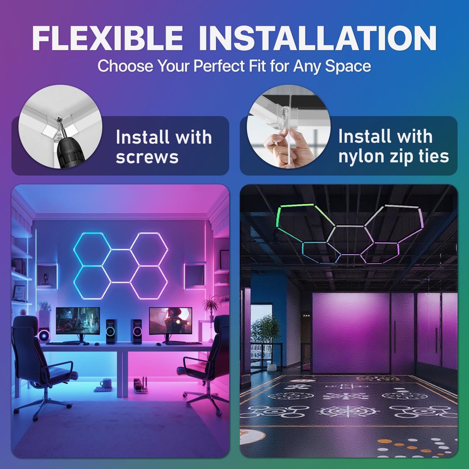 HYPERLITE Hexagon lights durable safety design with flame-retardant materials and hidden pins.
