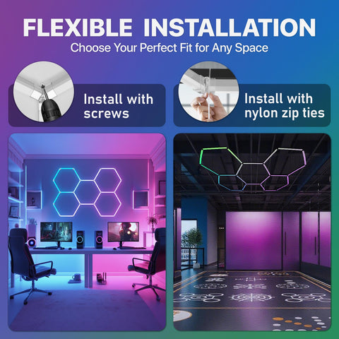 HYPERLITE Hexagon lights durable safety design with flame-retardant materials and hidden pins.