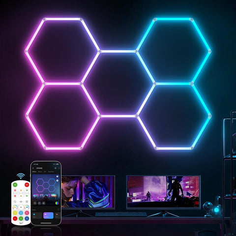 HYPERLITE Hexagon lights wall-mount installation offers versatile garage ambience.