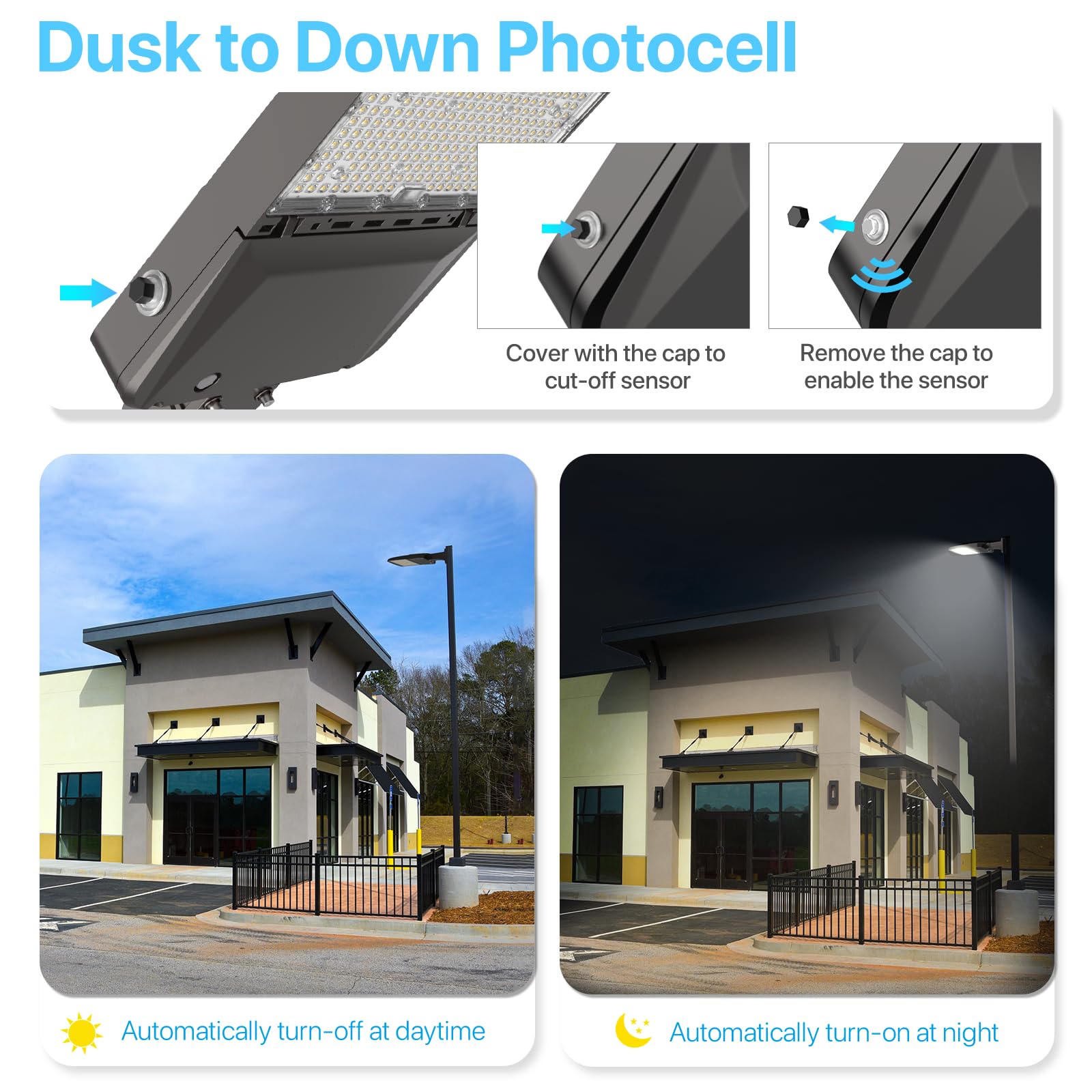 HYPERLITE 300W LED parking lot light dusk-to-dawn photocell enables automatic operation