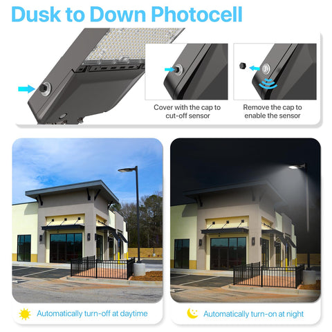 HYPERLITE 300W LED parking lot light dusk-to-dawn photocell enables automatic operation