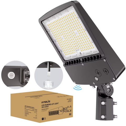 Hyperlite LED parking lot light front view emphasizes 5000K daylight brightness for clear outdoor visibility.