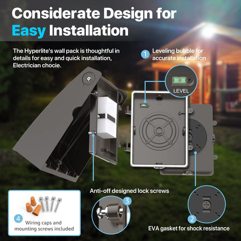 Hyperlite LED Wall Pack Light adjustable head 0-90 degrees targets entrances and driveways.