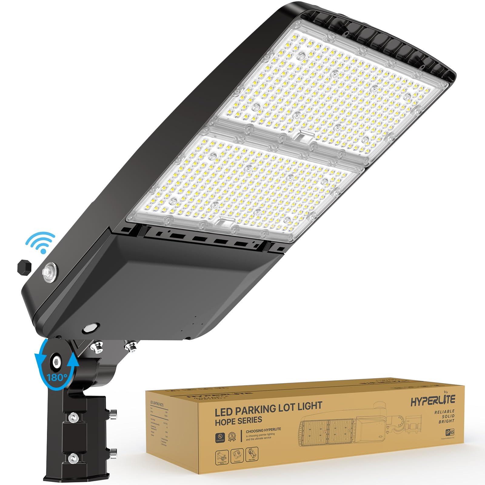 HyperLITE 300W parking lot light front view with bright 5000K daylight illumination