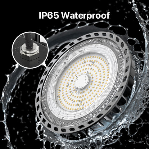 HYPERLITE UFO high bay light, IP65 rating for dust and water resistance.