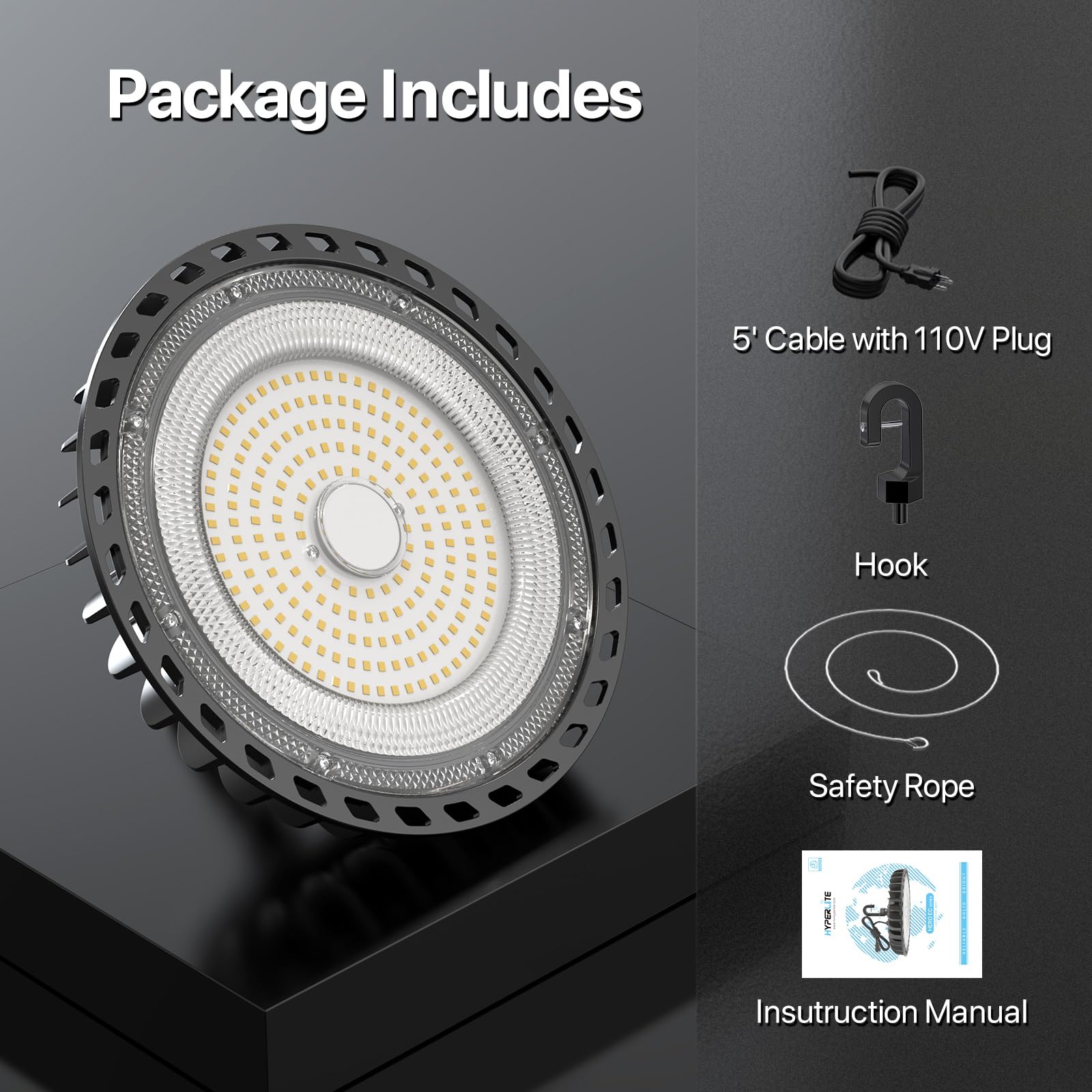 HYPERLITE UFO high bay light with US plug and cord for quick setup.