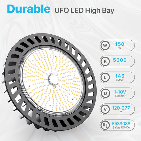 Hyperlite UFO 150W side angle with uniform warehouse lighting