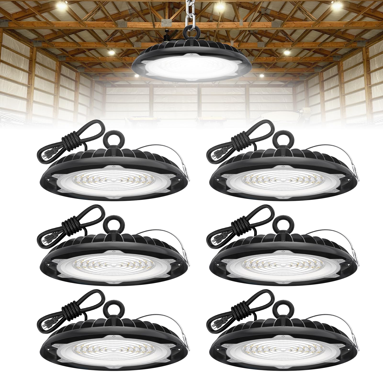 Hyperlite UFO LED high bay light front view showing bright, even illumination for warehouses