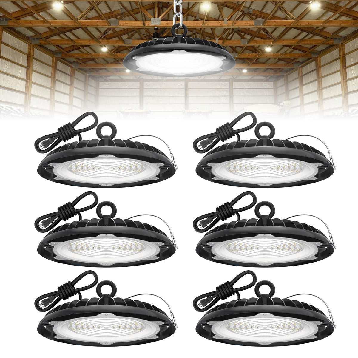 Hyperlite UFO LED high bay light front view showing bright, even illumination for warehouses