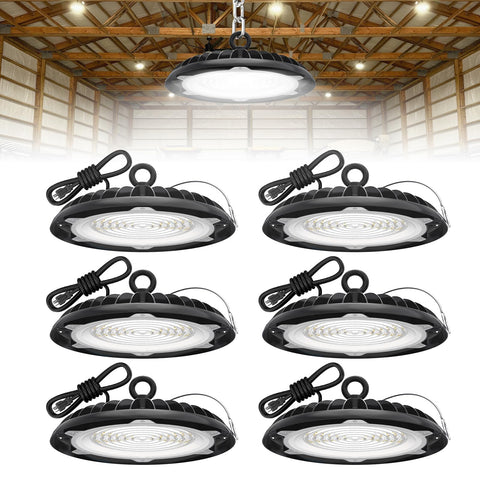Hyperlite UFO LED high bay light front view showing bright, even illumination for warehouses
