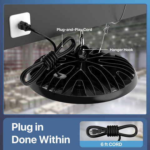 Hyperlite UFO LED high bay light corded plug-and-play with 6ft cord for quick setup.
