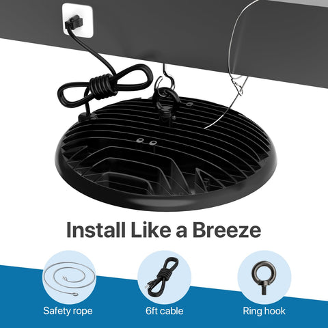 HyperLITE UFO LED high bay light installed in a warehouse for reliable 5000K brightness