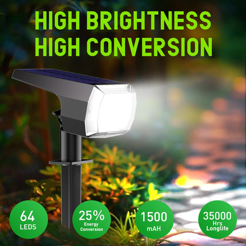 Hyrion 64-led solar spotlight provides high brightness for pathways and entryways.