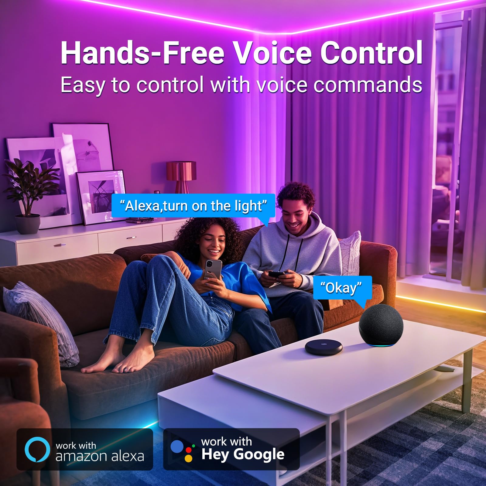 Hyrion LED strips with voice control work with Alexa and Google for hands-free lighting