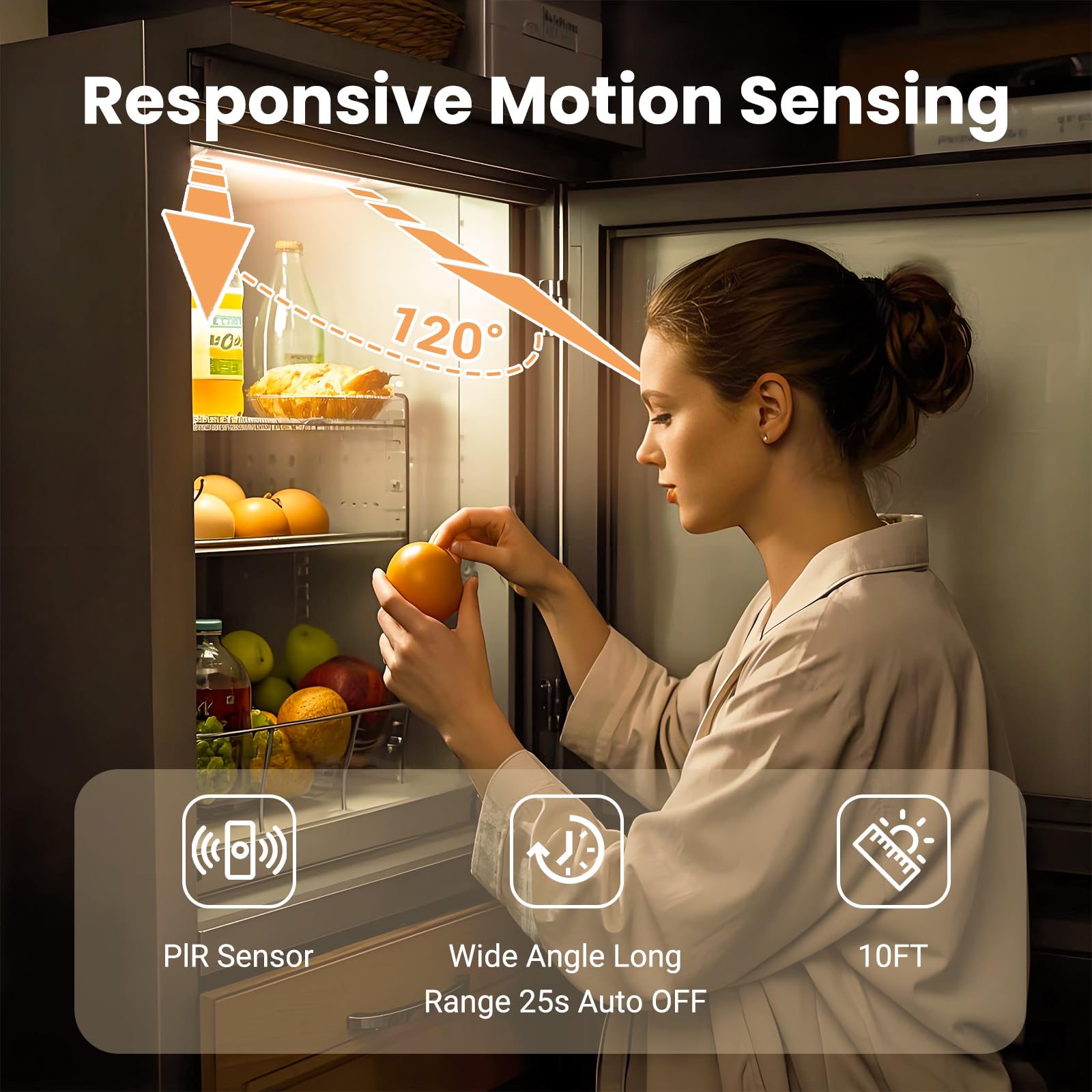 Hyrion motion sensor detects activity within 10 feet and 120 degrees for hands-free light.