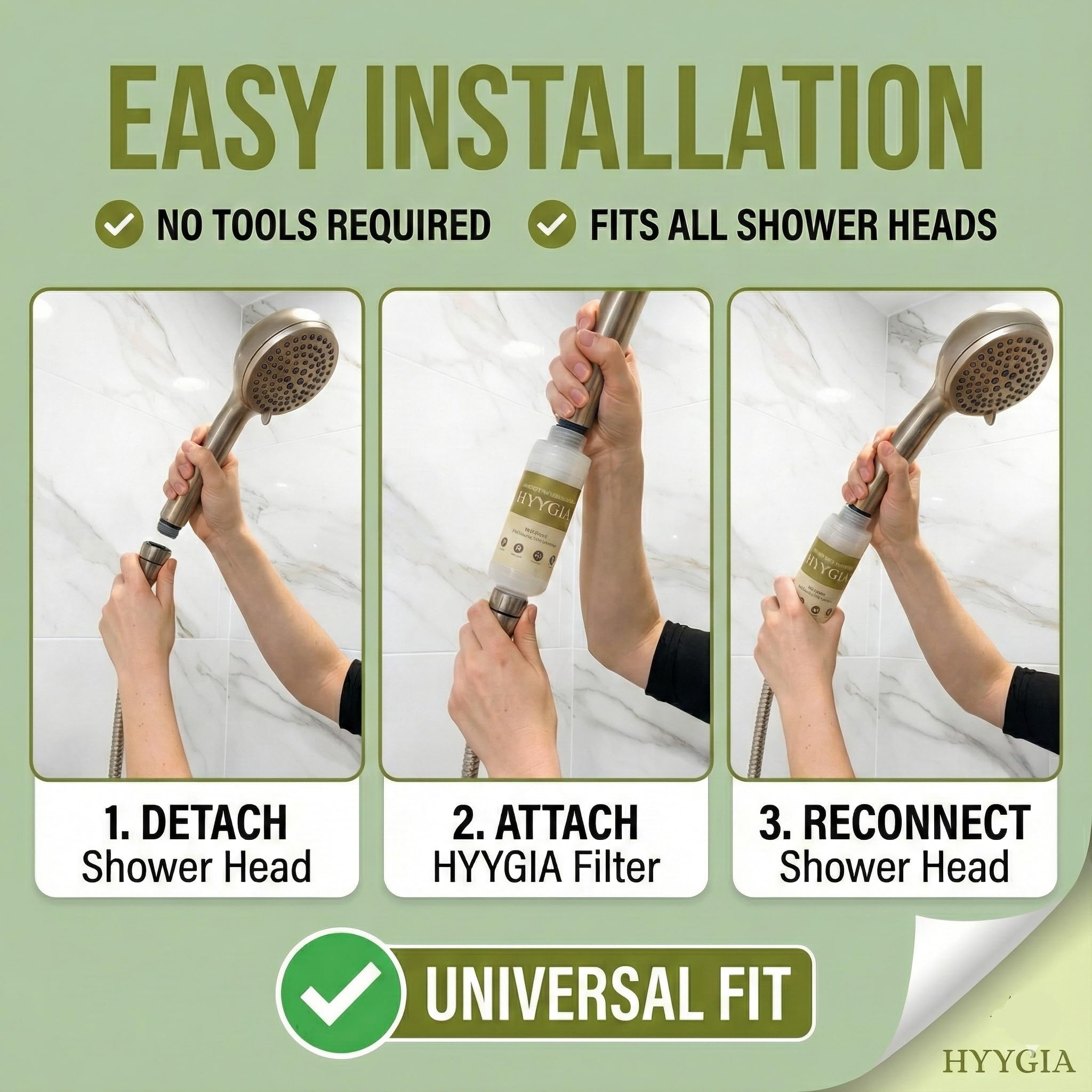 HYYGIA Fragrance-free filtration supports a neutral shower experience for sensitive users.
