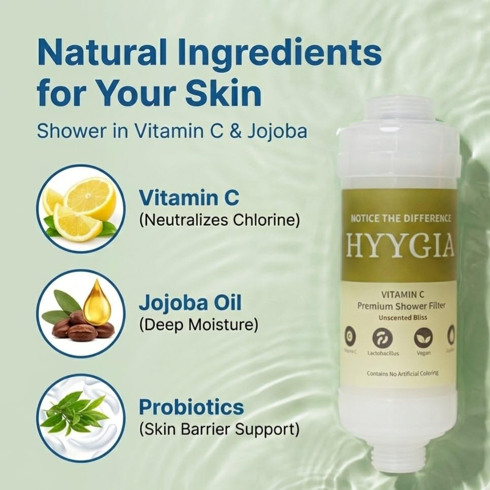 HYYGIA Universal-fit shower filter installs quickly without reducing water pressure.