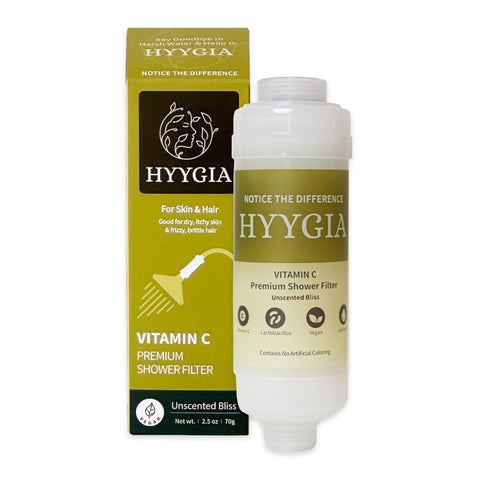 HYYGIA Vitamin C Shower Filter neutralizes chlorine for softer skin and shinier hair.