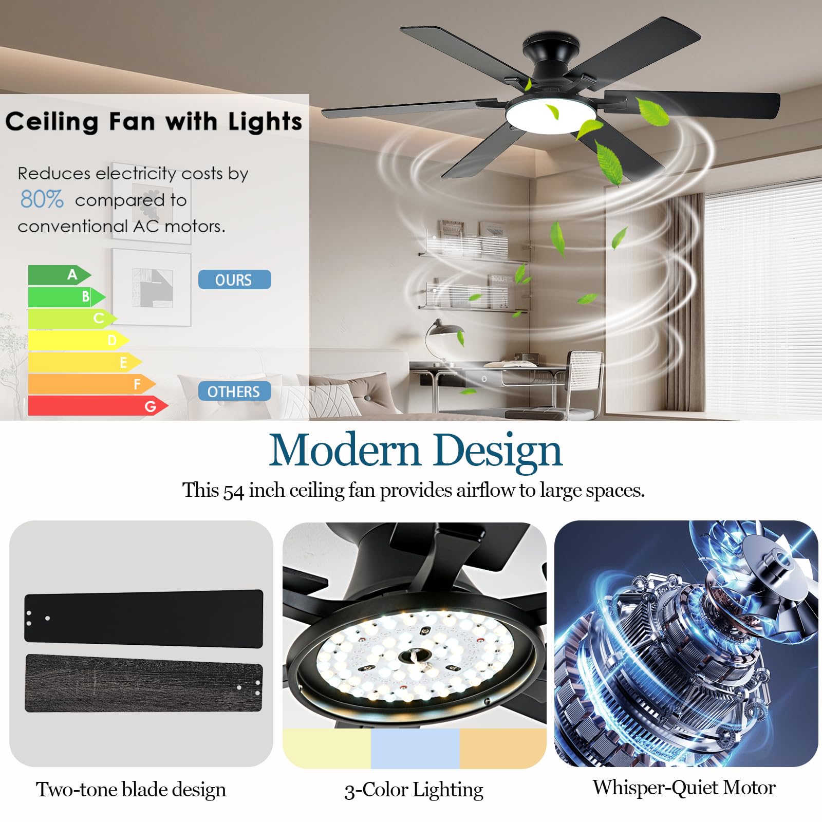 iacaf low-profile black ceiling fan with remote and app for quick control.