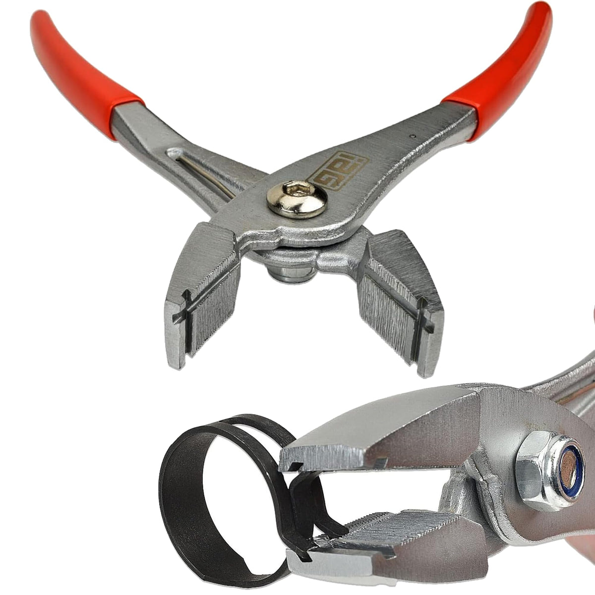 IAG Performance Multi-Directional Pliers in use gripping clamps for easy installation.