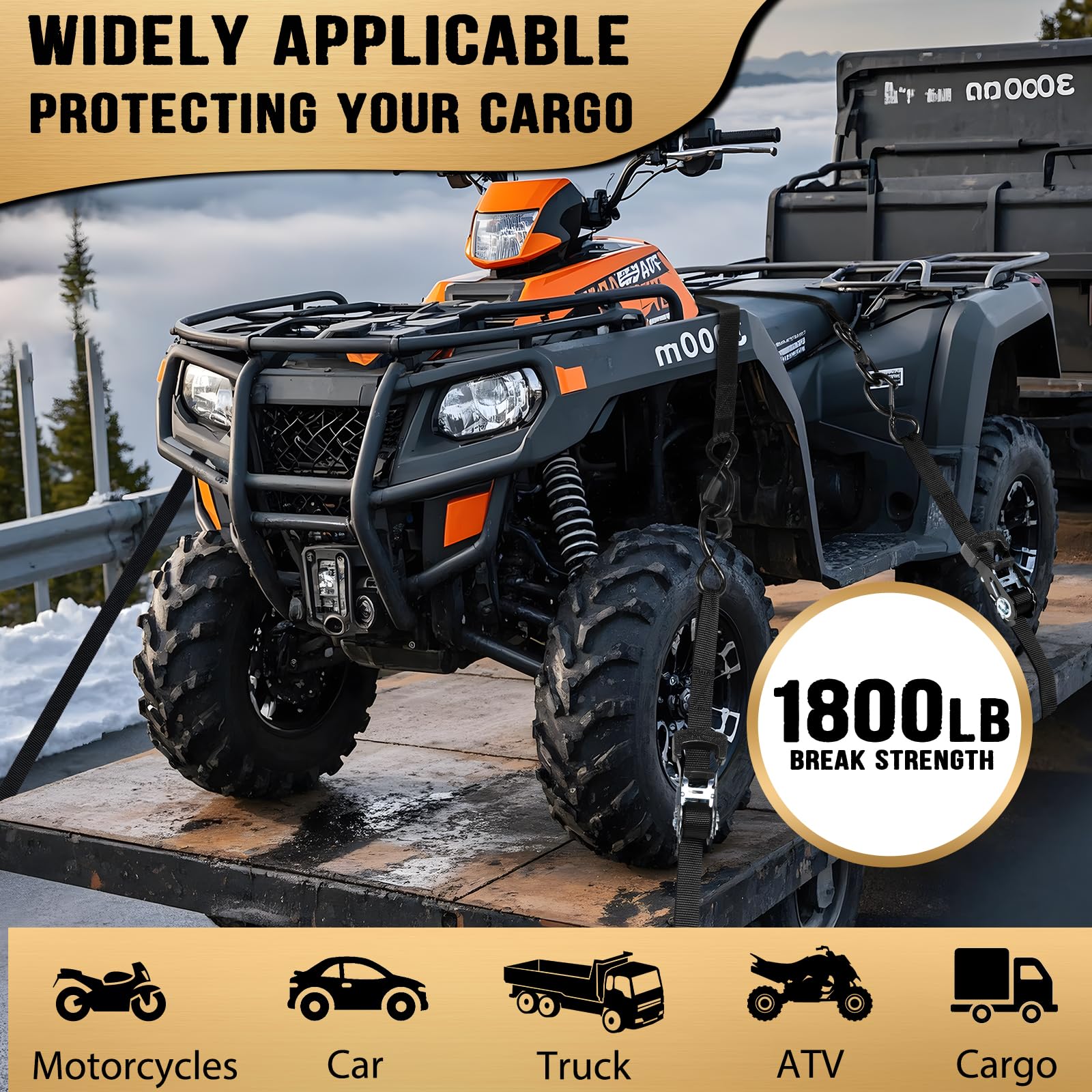 IAZZCO ratchet straps protect motorcycles and ATVs during transport with sturdy hold.