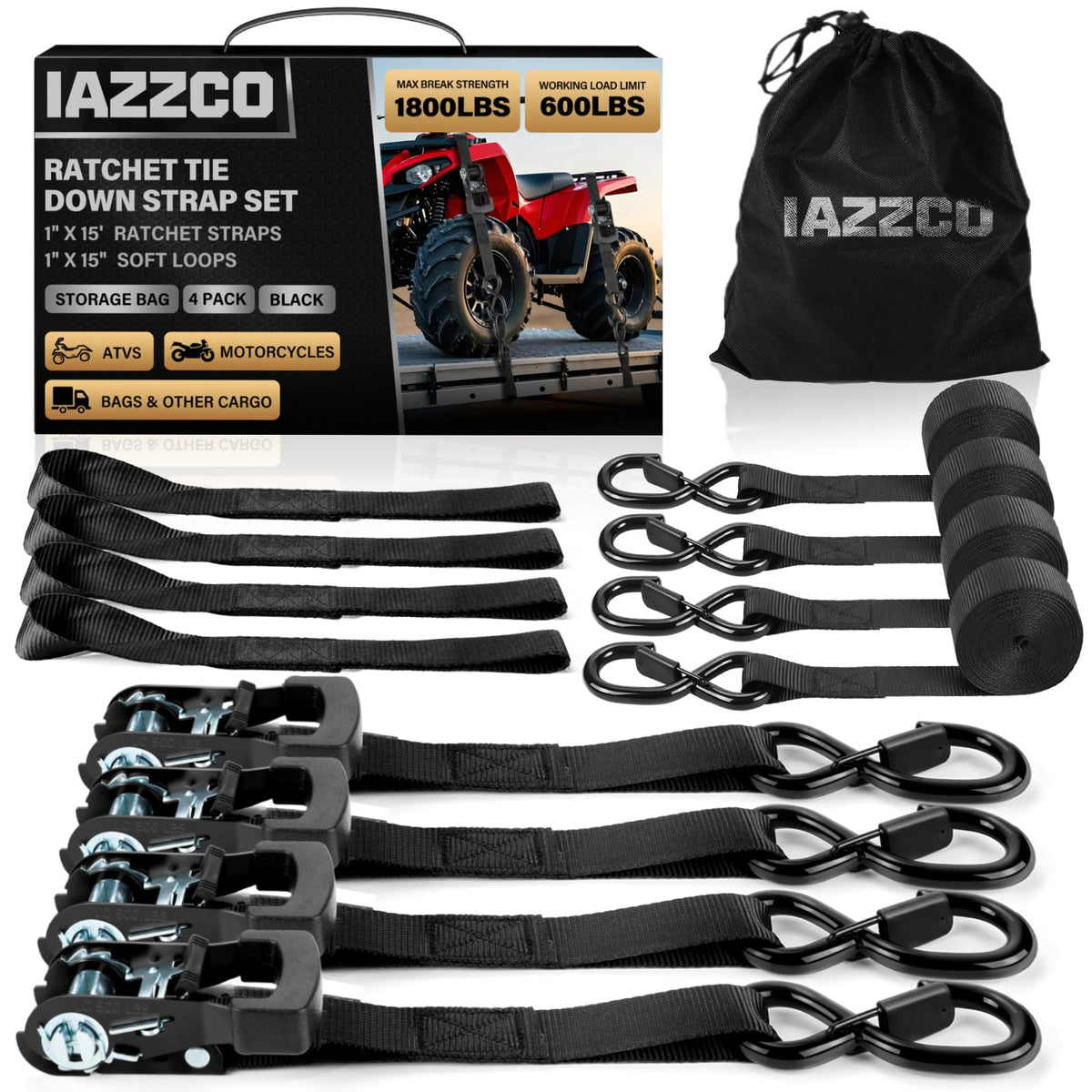 IAZZCO ratchet straps storage bag with soft loops improves organization and transport safety.