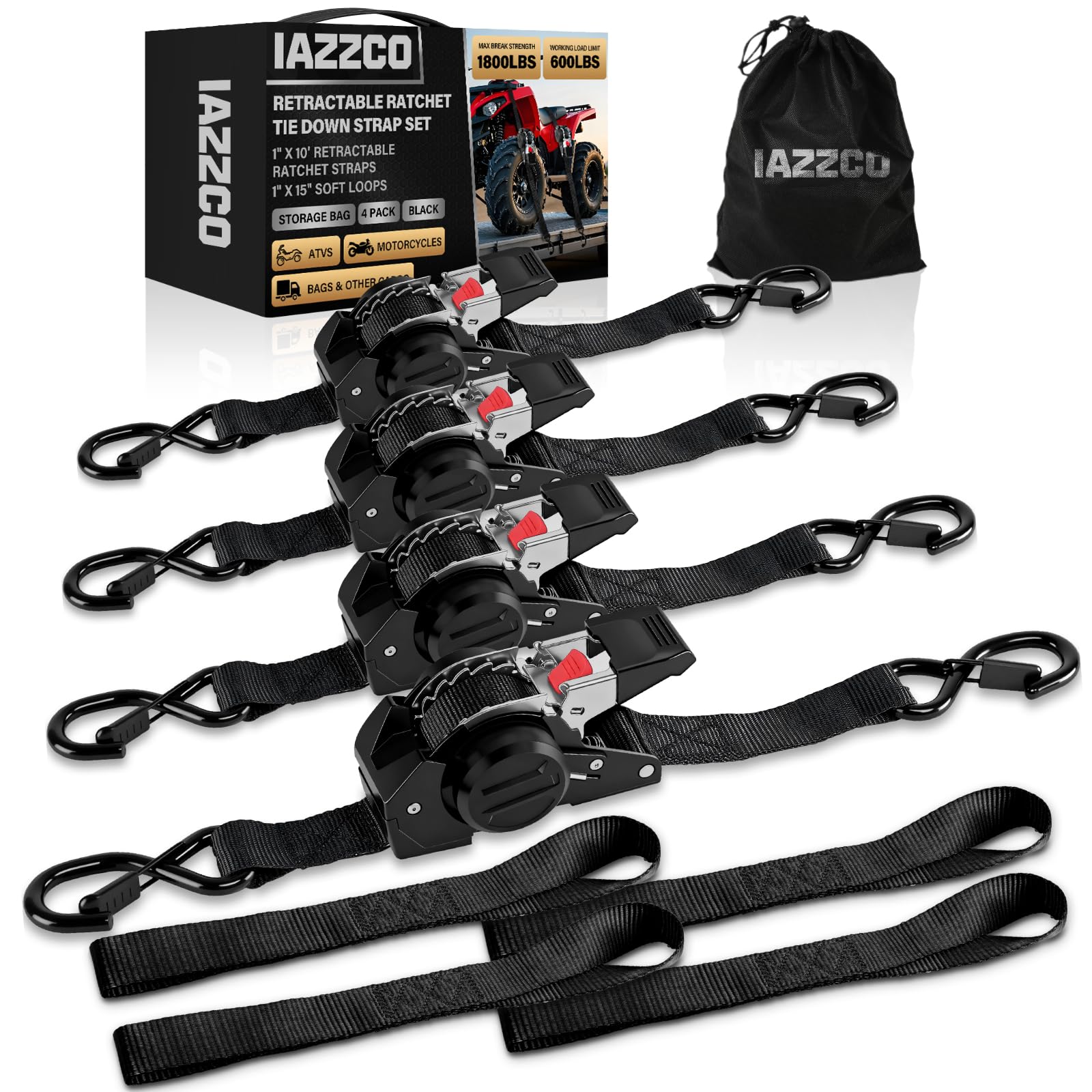 IAZZCO retractable ratchet straps mechanism close-up showing easy one-handed operation.