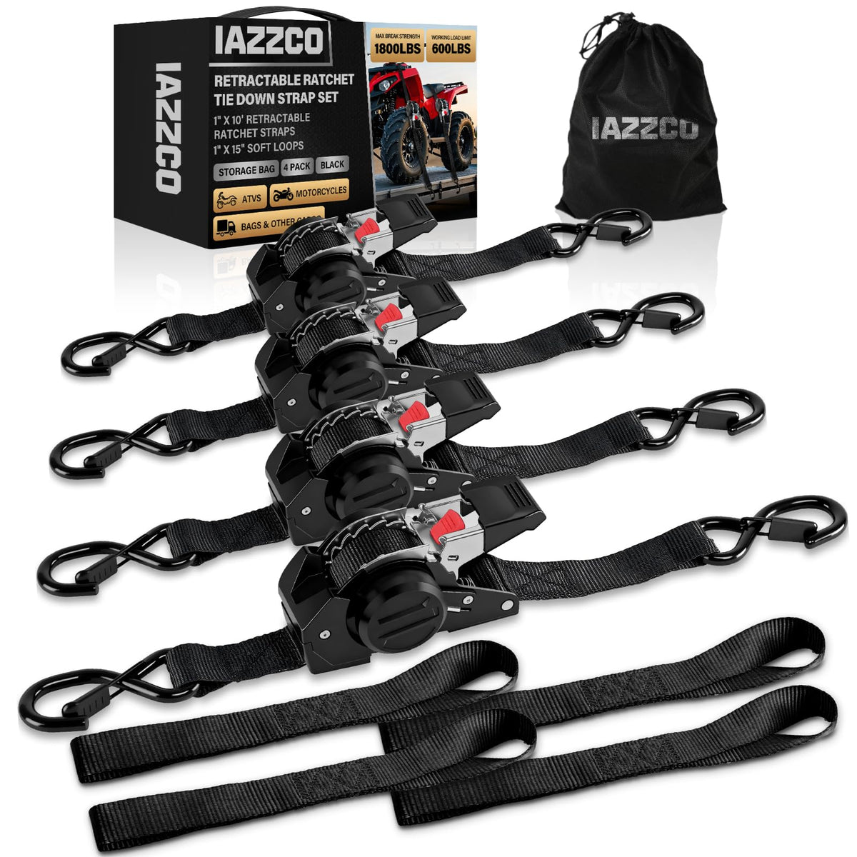 IAZZCO retractable ratchet straps mechanism close-up showing easy one-handed operation.