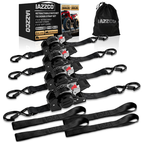 IAZZCO retractable ratchet straps mechanism close-up showing easy one-handed operation.