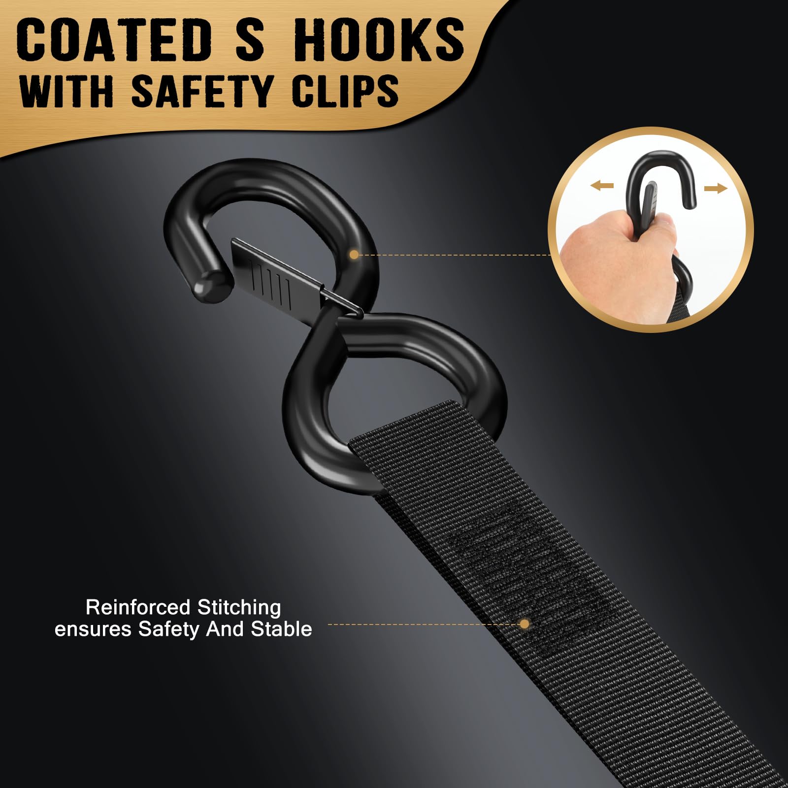 IAZZCO S-hook safety lock prevents accidental release and protects surfaces.
