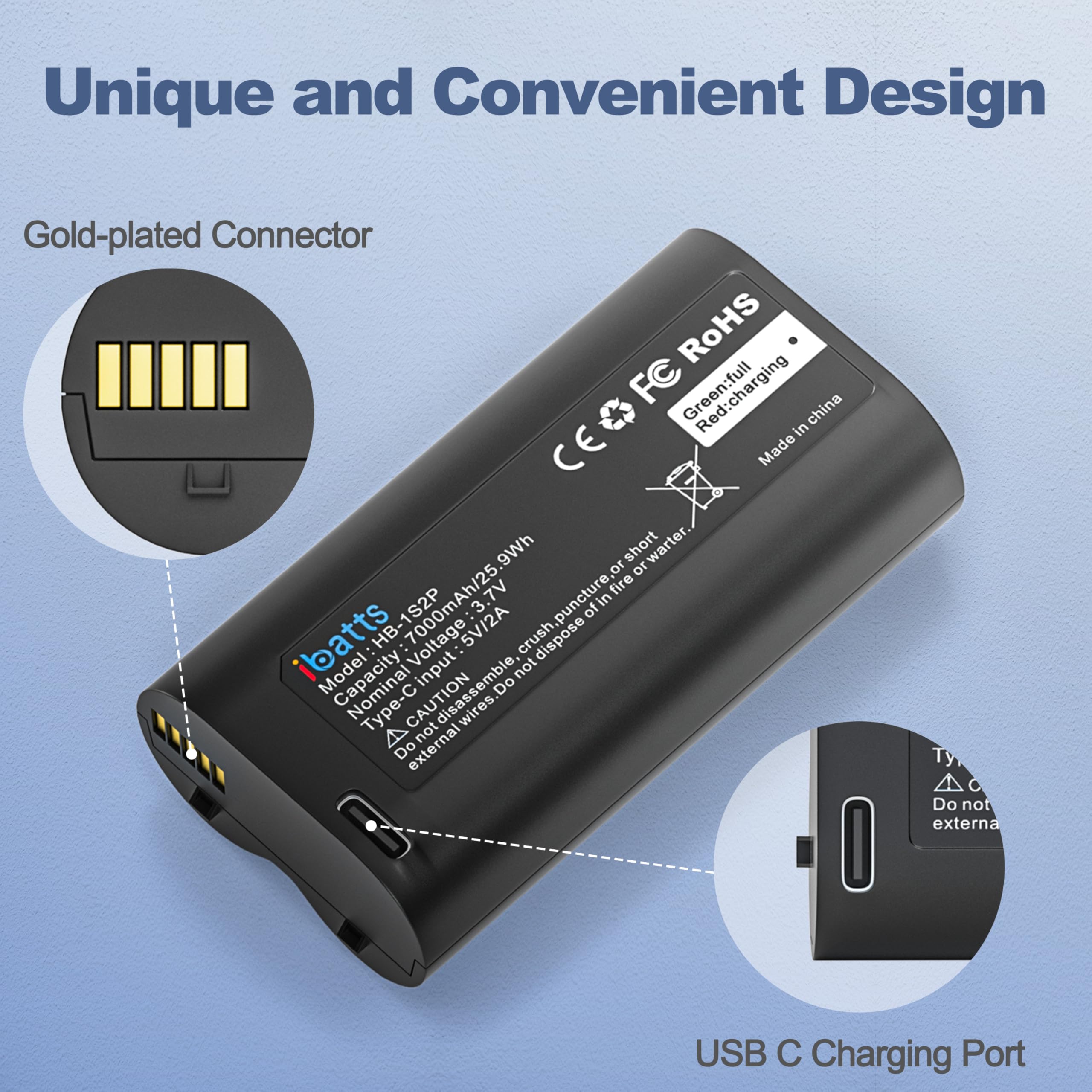 Package includes IBATTS battery and a USB-C charging cable.