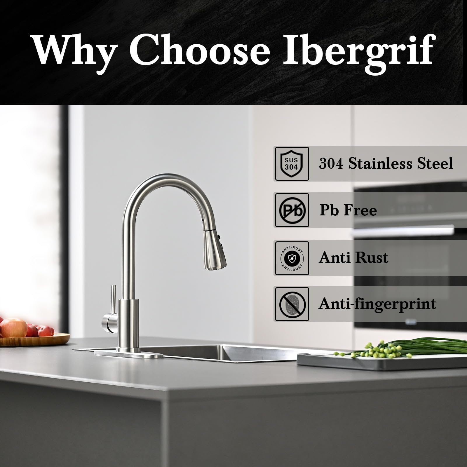 Ibergrif kitchen faucet with deck plate compatibility eases 1- or 3-hole installation.
