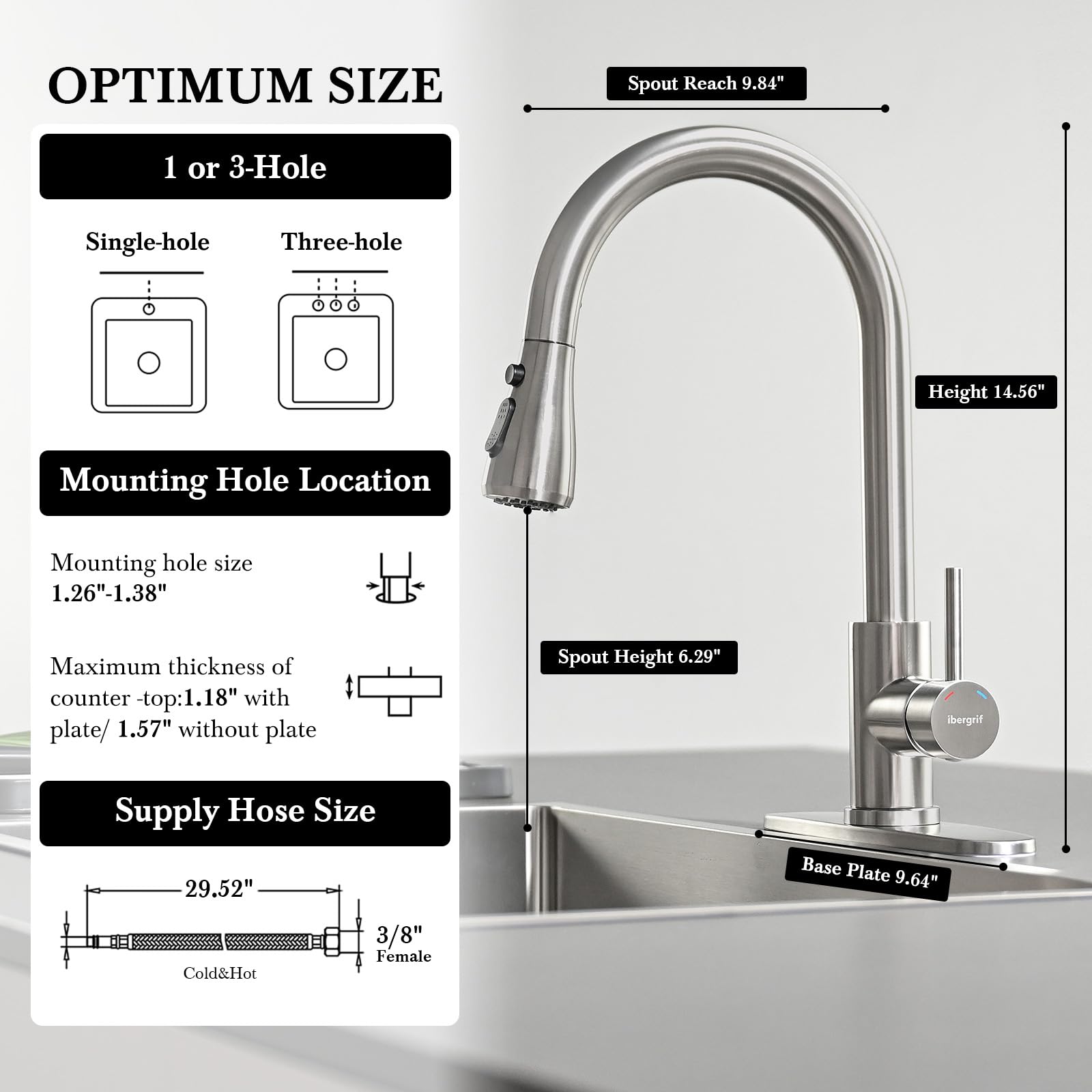 Ibergrif brushed nickel finish resists fingerprints and water spots for easy maintenance.