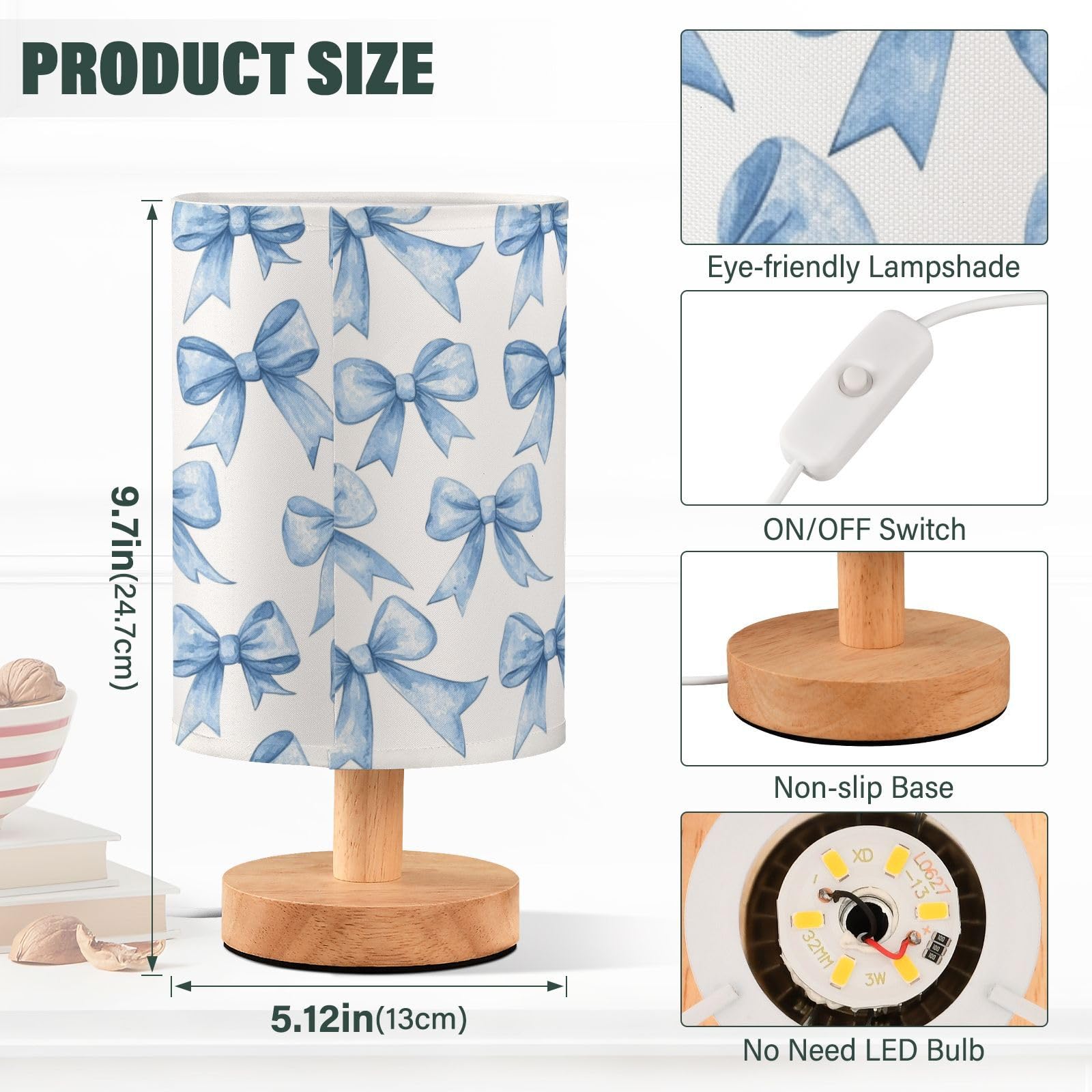 IBGIKWH wood base table lamp provides stable support for devices