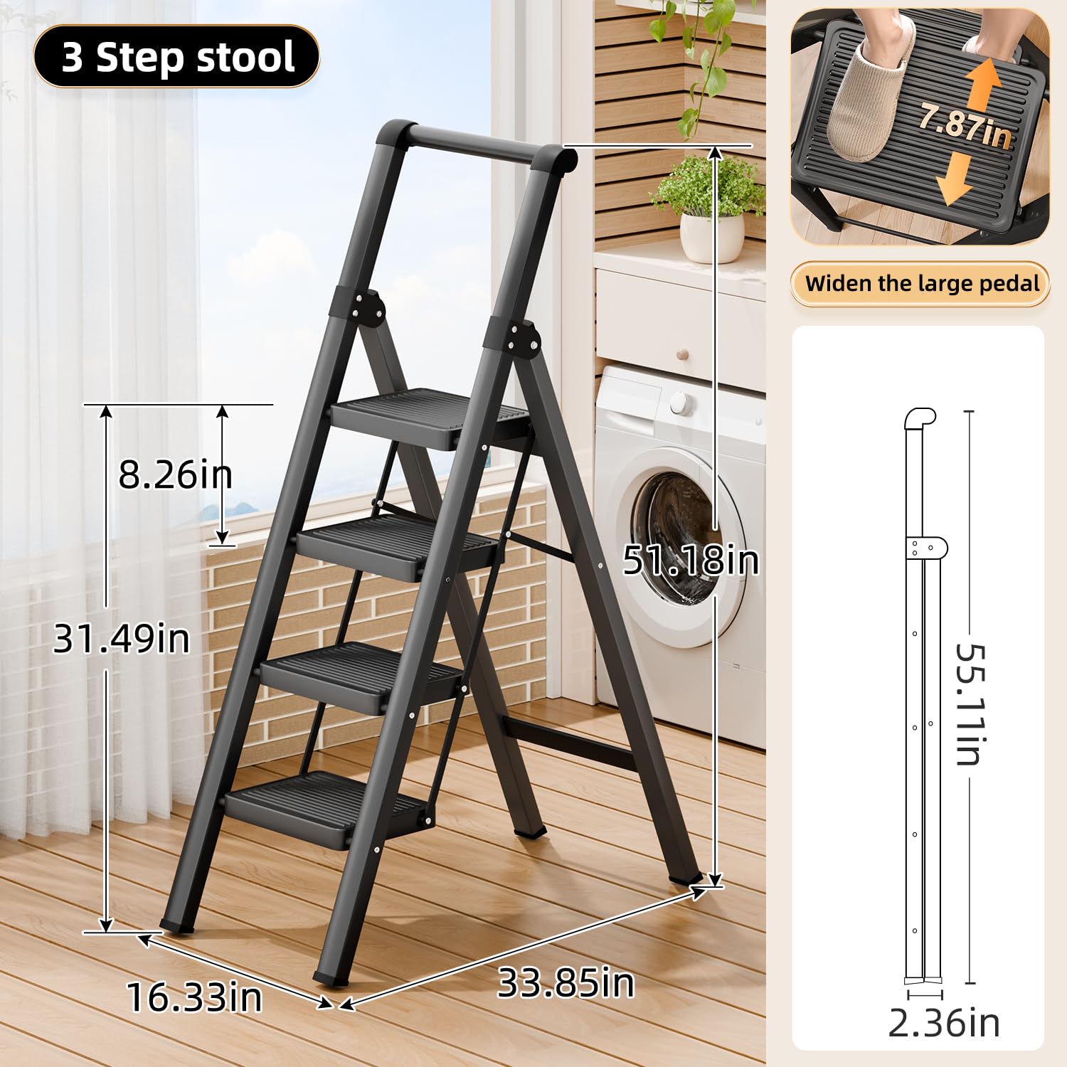 Ibihoeesoe 4-step ladder wide anti-slip pedals ensure stable footing