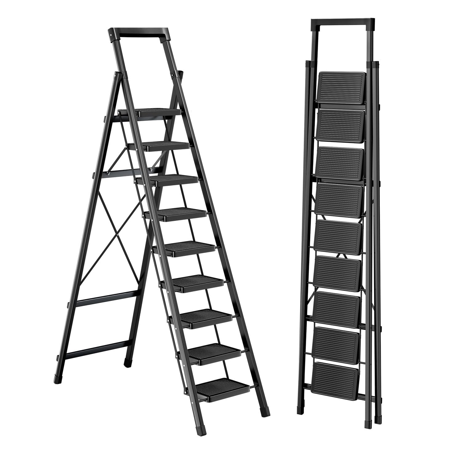 Ibihoeesoe nine-step ladder with tray for elevated reach and on-hand tools.