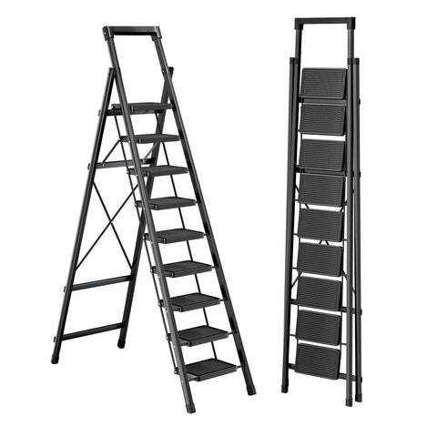 Ibihoeesoe nine-step ladder with tray for elevated reach and on-hand tools.