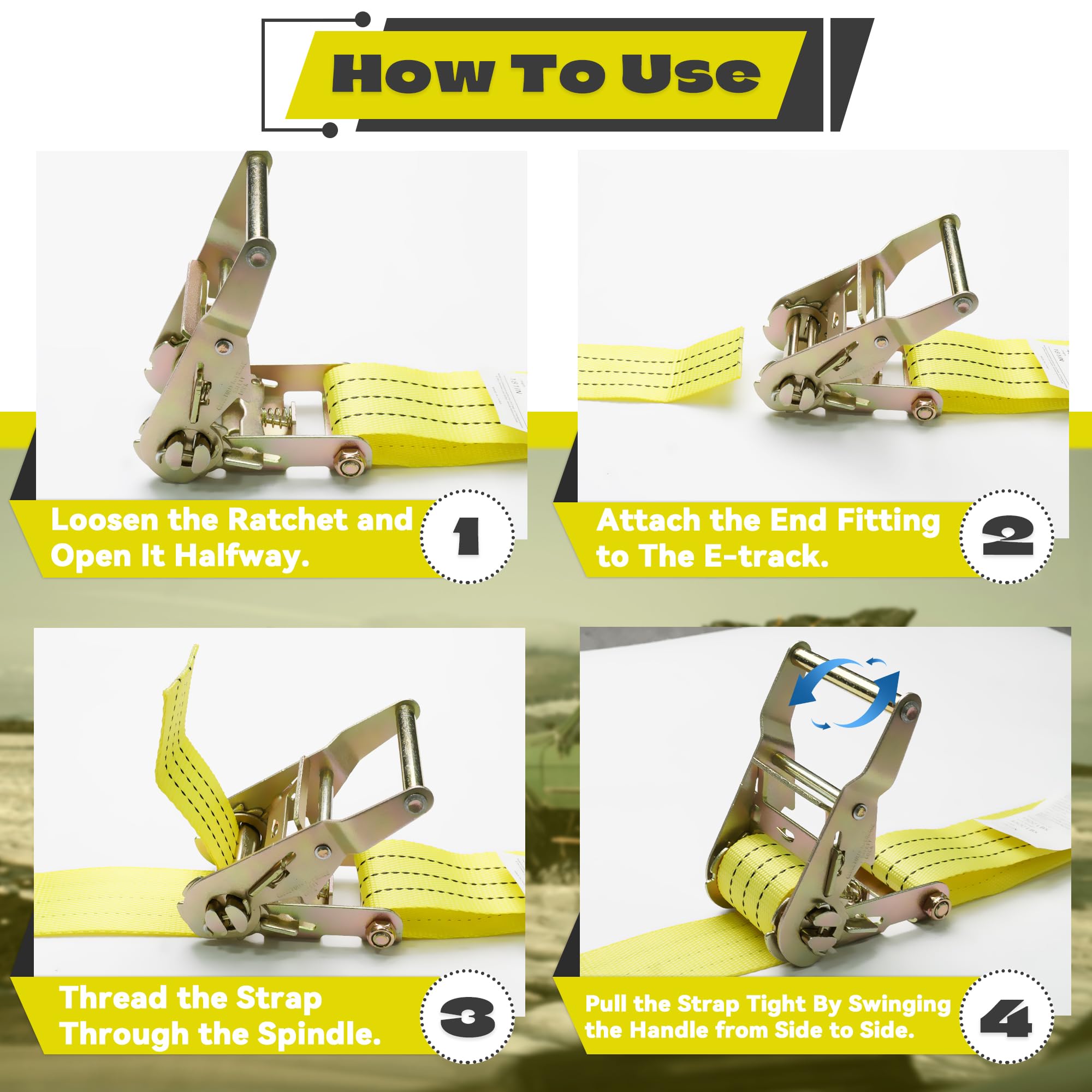 IBITION yellow cargo strap on trailer bed for high visibility securing