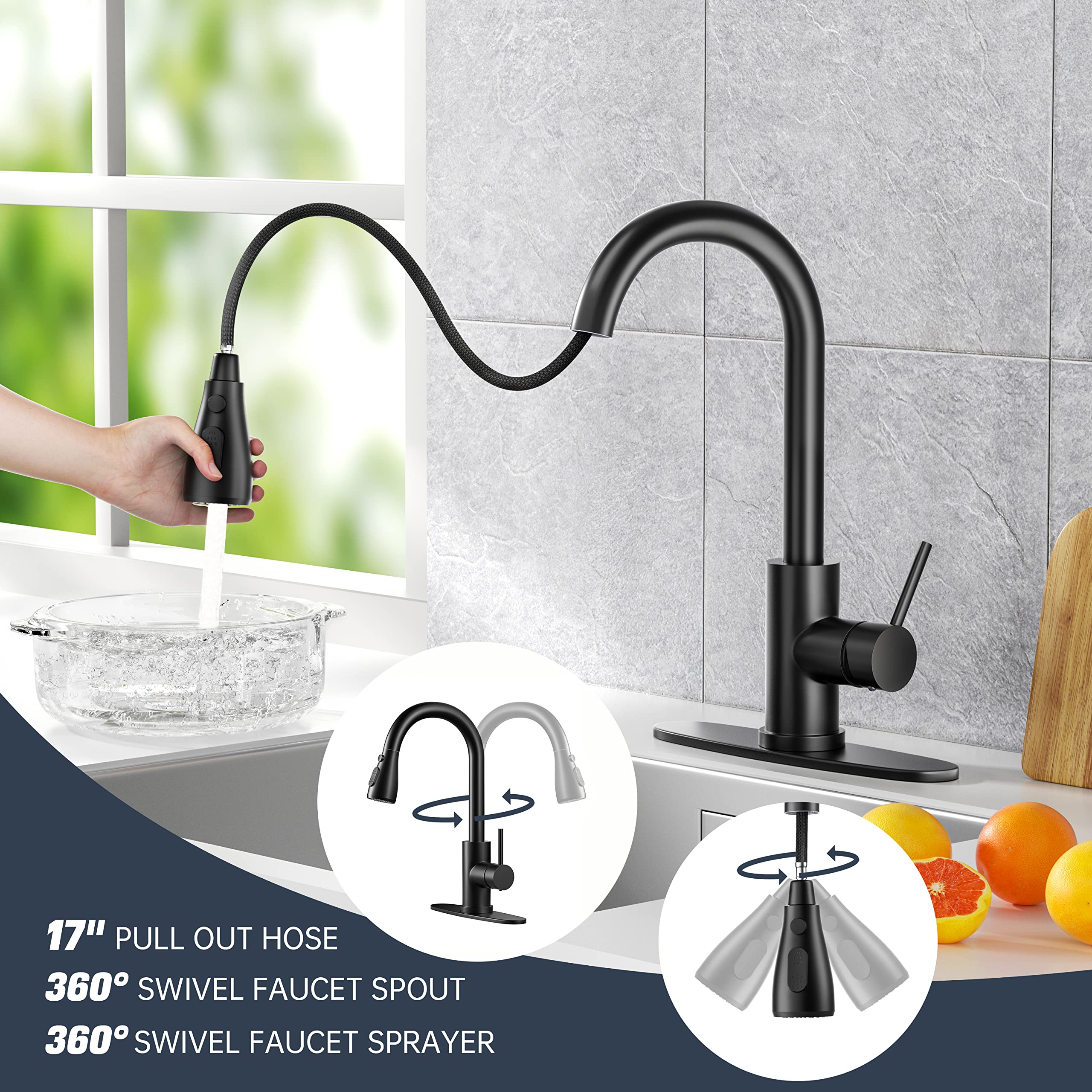 IBOFYY matte black finish deck-mount faucet complements modern kitchens.
