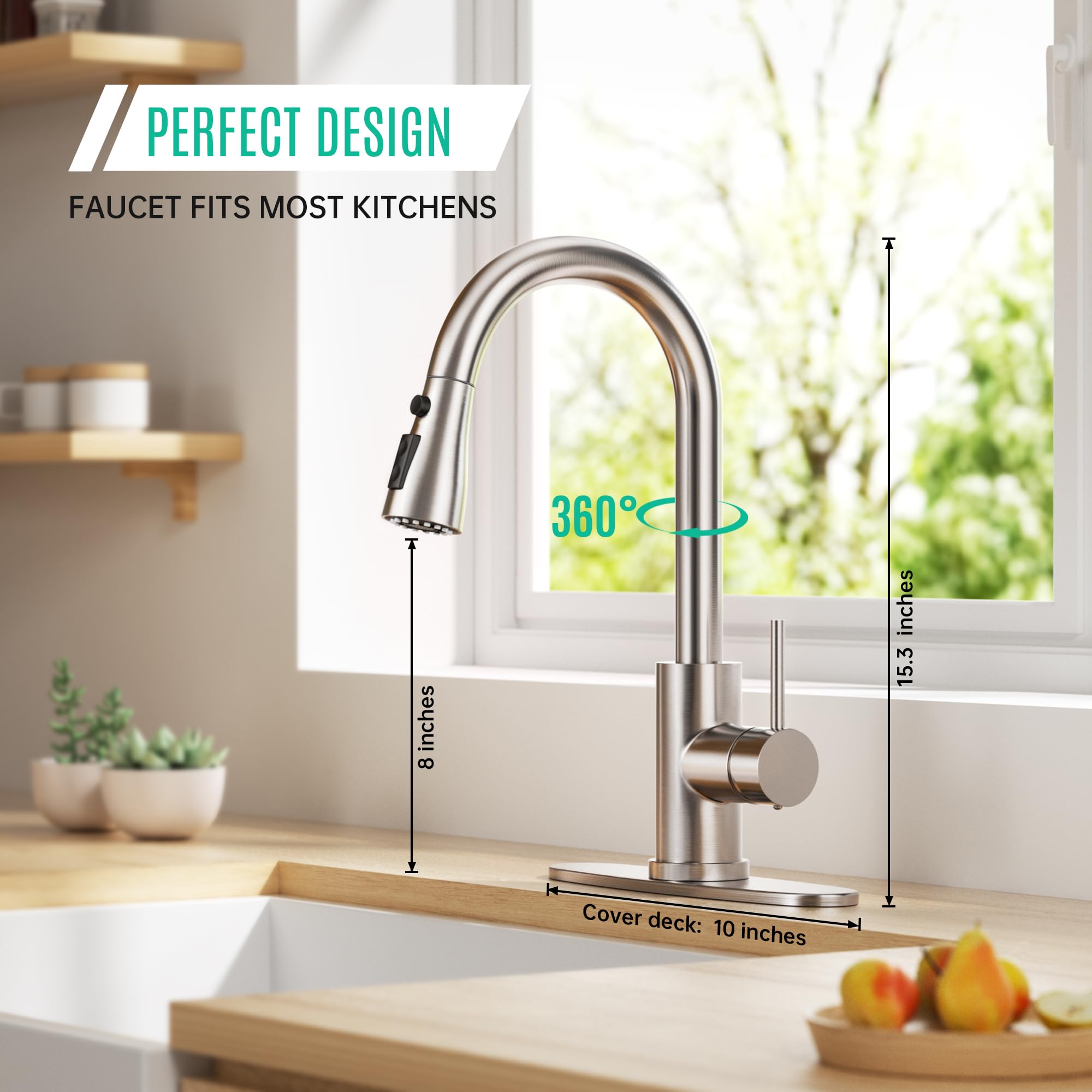 IBOFYY pull-down spray with a 23-inch hose covers the sink.