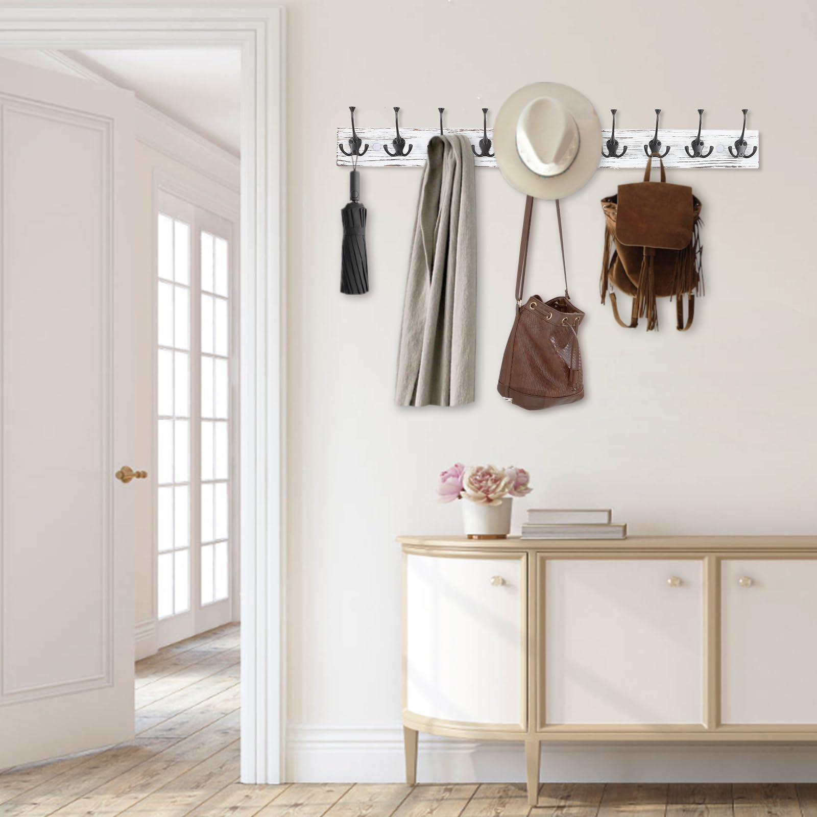 IBosins rustic white finish enhances living room decor.